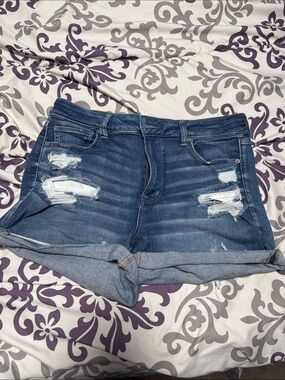 American Eagle Outfitters Dark Blue Distressed Rolled-Hem Jean Shorts